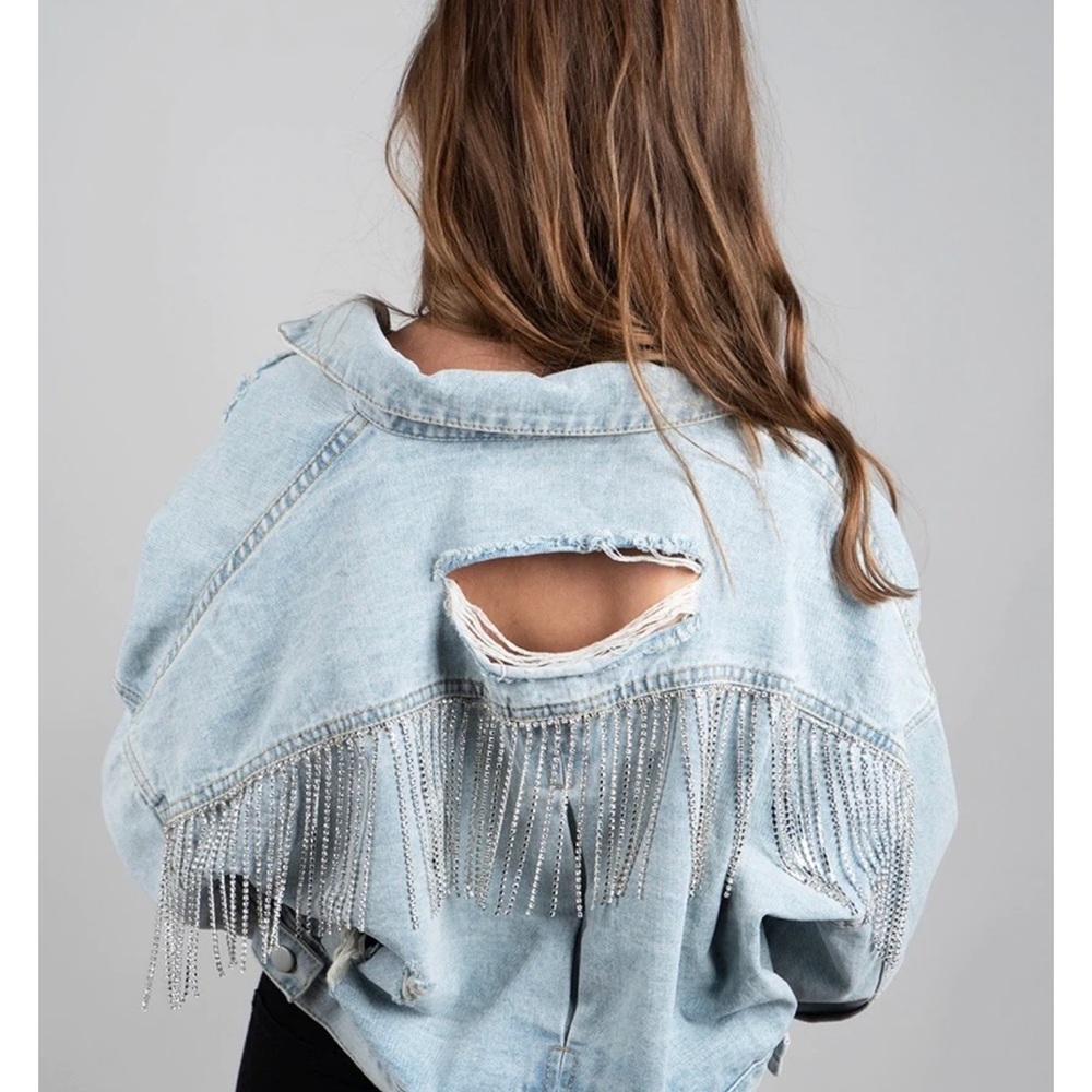 Blue denim jacket with rhinestone fringe